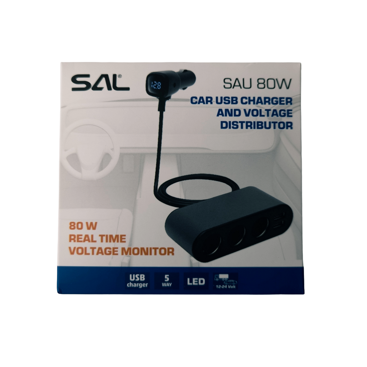 Car Cigarette Lighter Splitter with Voltmeter (3 Outlets + 2xUSB) 80W