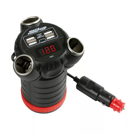 3-Socket Car Cigarette Lighter Splitter with Voltmeter & 4 USB Ports – Cup Holder Mount