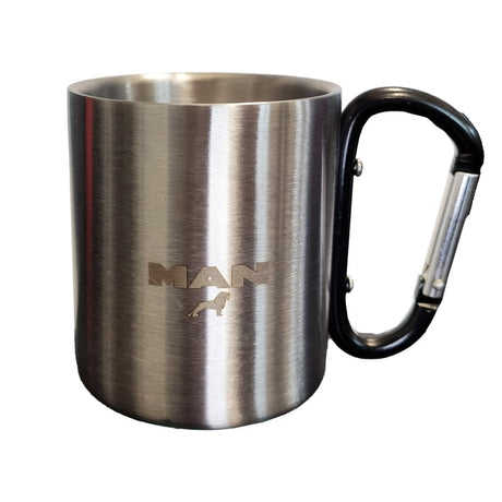 Stainless Steel Mug with Engraved Truck Logo and Carabiner Handle